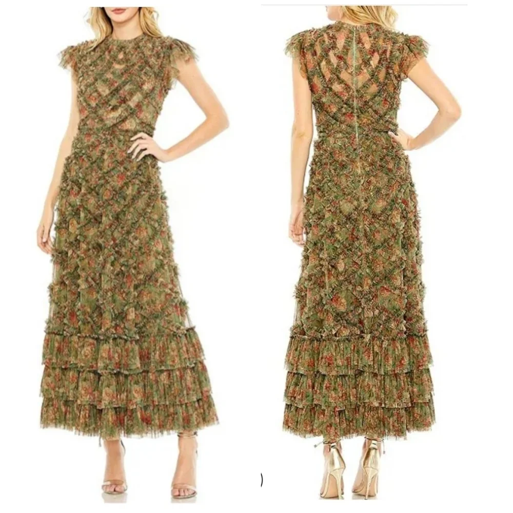Mac Duggal Floral Print Crew Neck Cap Sleeve Ruffle Embellished Tiered Hem Dress - Picture 1 of 12